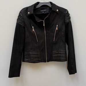 Black Faux Leather Suede Jacket with Zipper Details